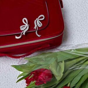 Silver bow earrings with rhinestones - NEW